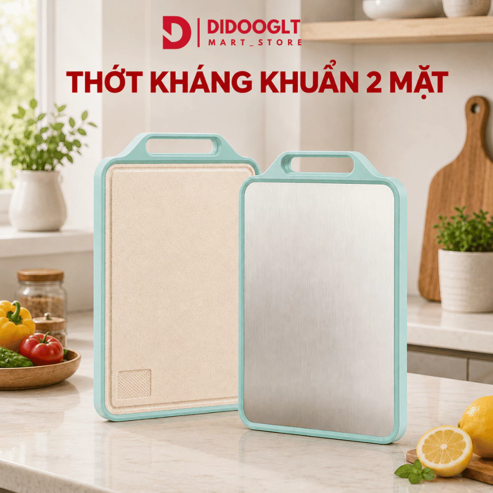 Thớt Inox 304 Kháng Khuẩn 2 Mặt Inox - Nhựa PP Cắt Đồ Sống Chín, Chống Mốc Bám Mùi Didooglt