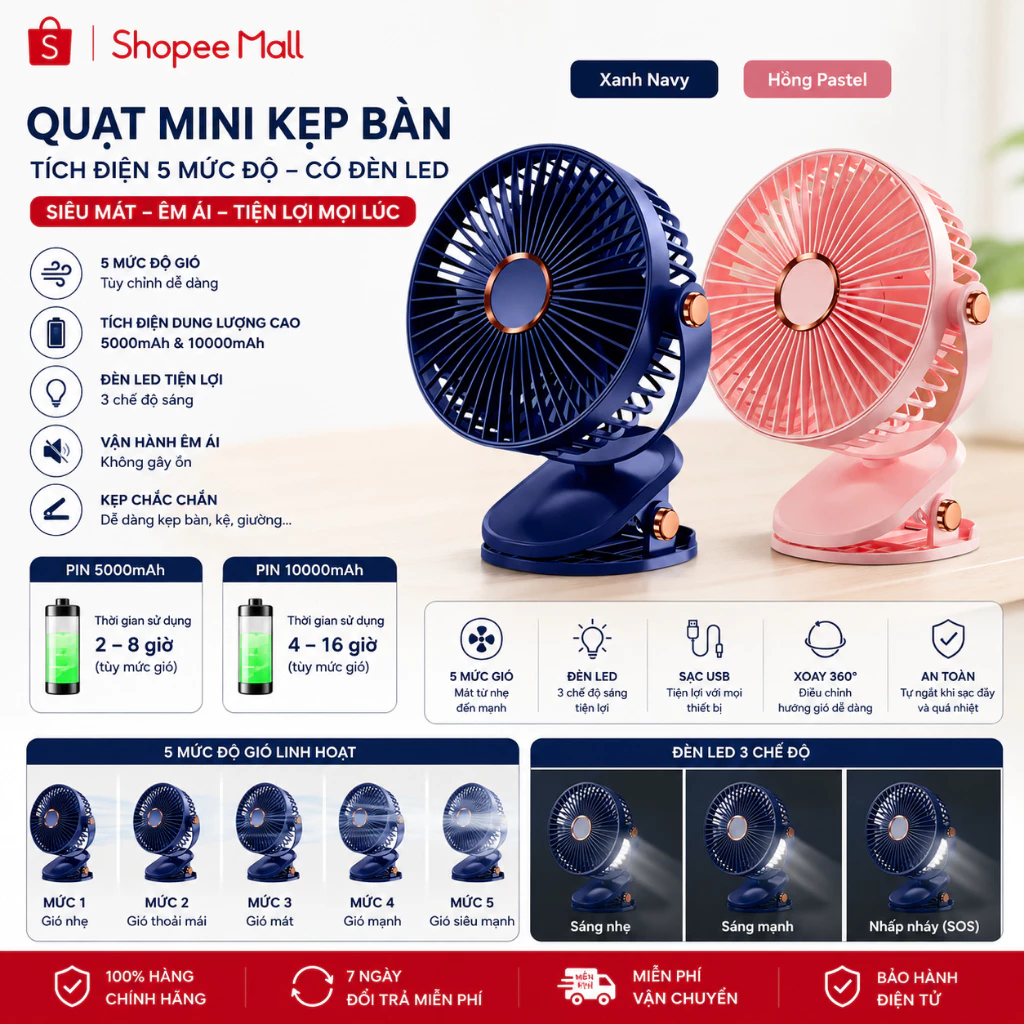 Quạt mini kẹp bàn tích điện 5 mức độ có đèn led pin 5000 MHA & 10000 MHA - HGHOME