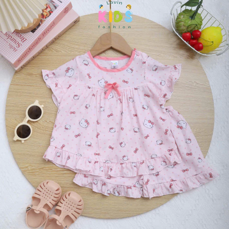 Bộ tole lanh tay đùi viền bèo cài nút vai size 7-18kg- Lavin Kids