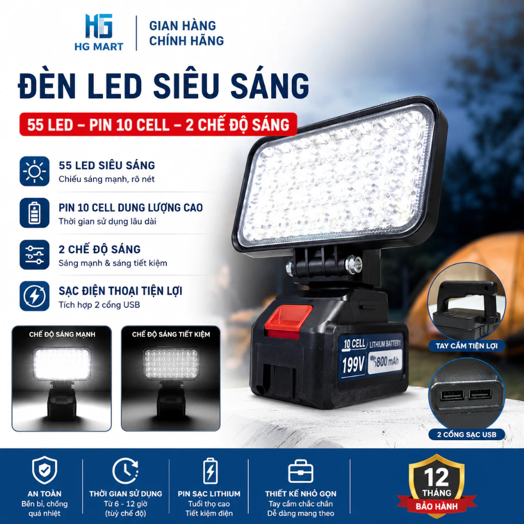 Đèn LED Siêu Sáng Sử Dụng Pin 10 CELL 55 LED Với 2 Chế Độ Sáng, Có Cổng Sạc Điện Thoại USB - HGHOME
