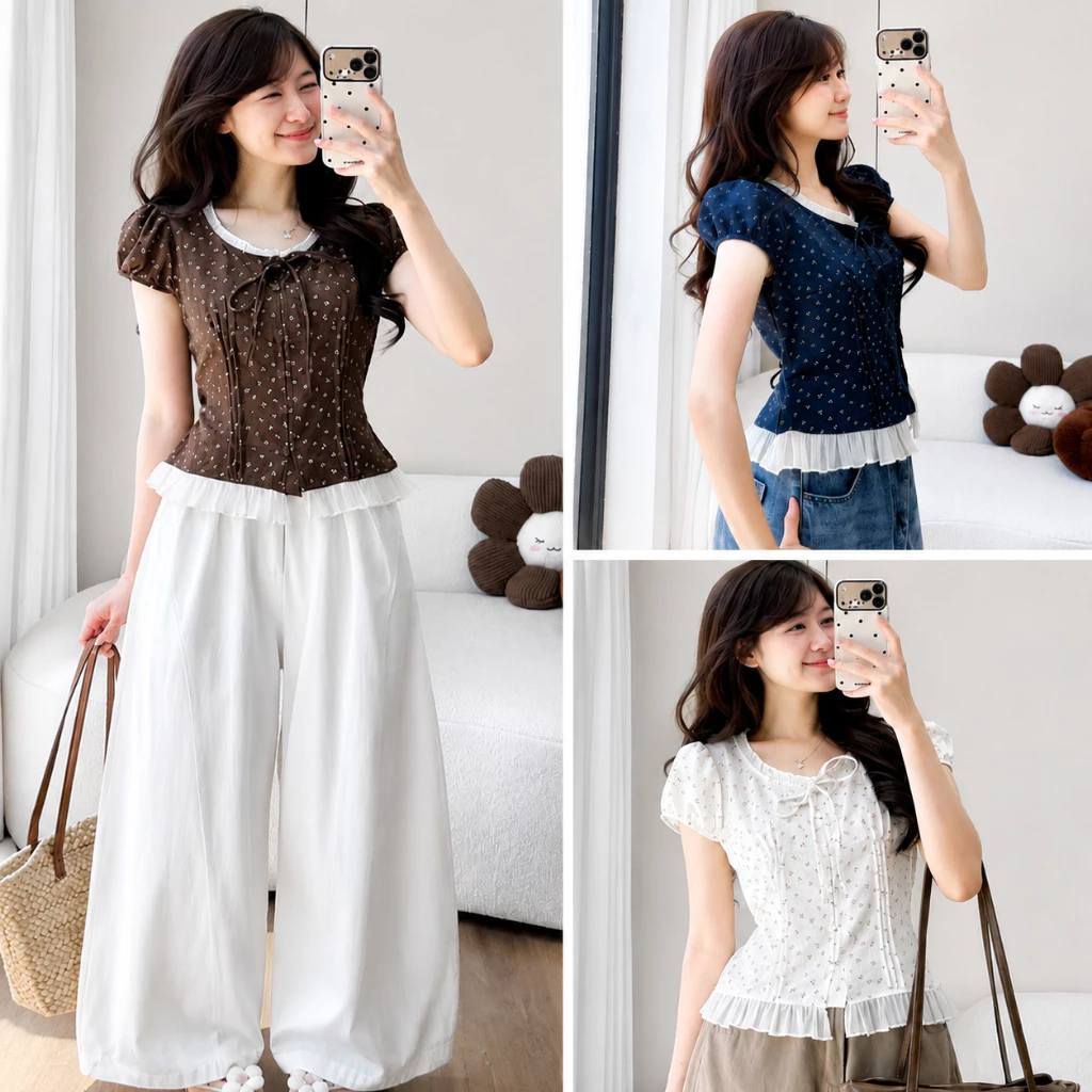 Áo Babydoll Hoa Nhí Phối Viền Tơ Bèo Cổ Nơ,Áo Sơ Mi Ngắn Tay Cổ Nơ Form Vừa Phong Cách Vintage