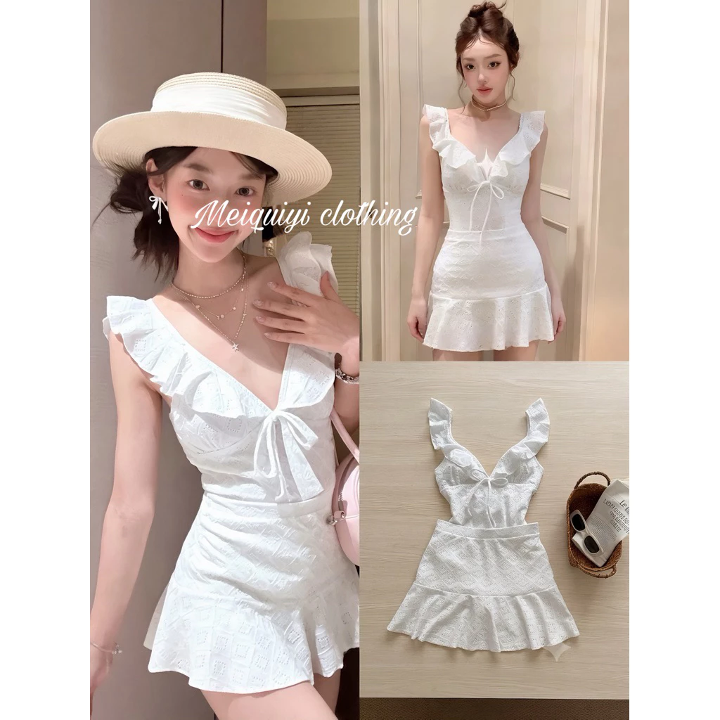 𝓜𝓮𝓲𝓺𝓾𝓲𝔂𝓲🥝 Set bikini kèm chân váy trắng bánh bèo thiết kế hở lưng cho nữ