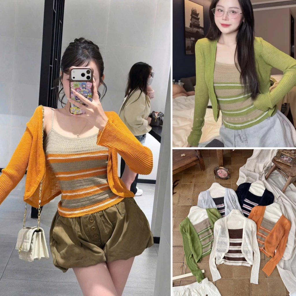 [HÀNG QC L1 sẵn ] Set len montoghi 2 món: Áo hai dây kẻ ngang mix cadigan len tăm mỏng Sushi