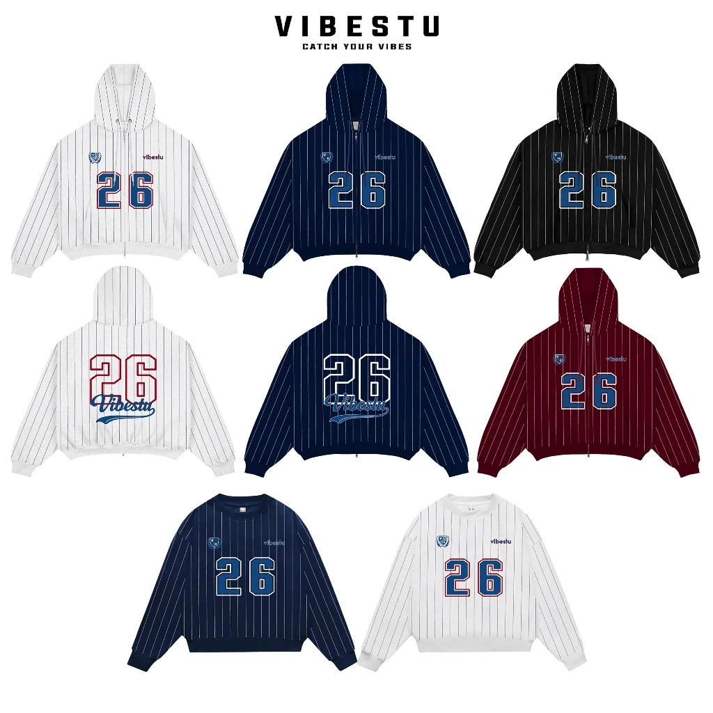 Áo Hoodie & Sweater Sọc Dọc Nỉ 2 Da  VIBESTU " Số 26 " Boxy Tay Dơi Unisex Nam Nữ