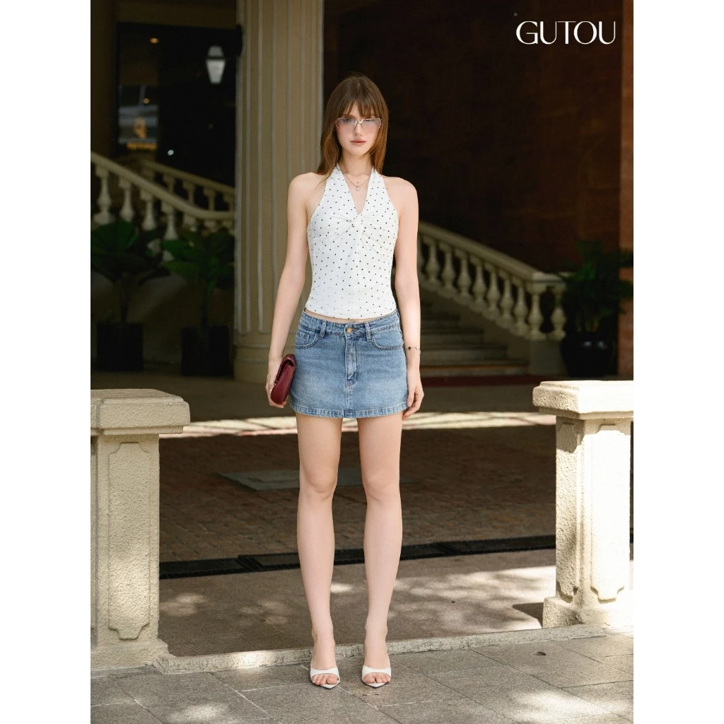 [ GUTOU ] Chân Váy Jean Wash Nhẹ Túi Thêu Chic Style G289