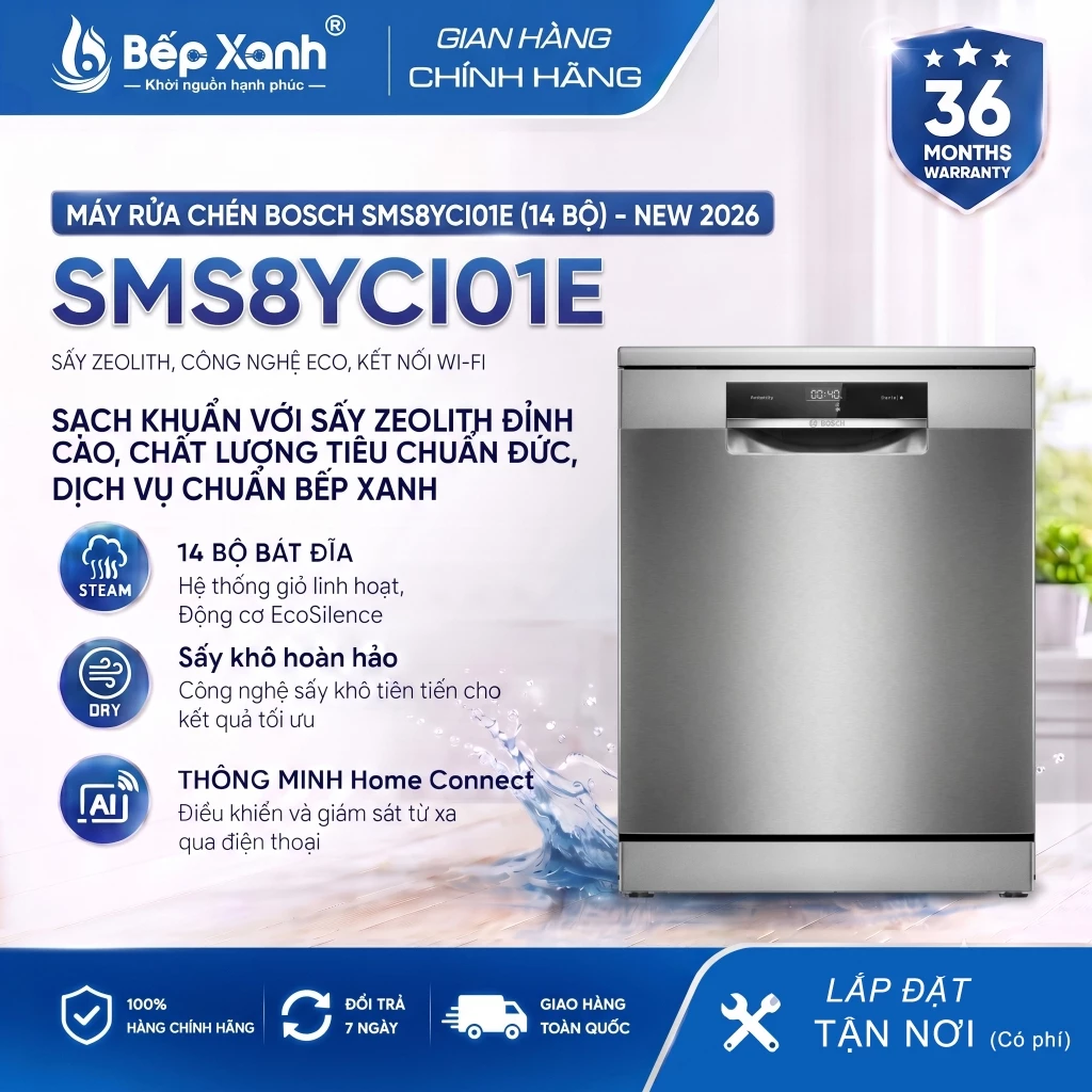 SMS8YCI01E New 2026 | Máy Rửa Chén Bosch SMS8YCI01E Series 8 Độc Lập - Sấy Zeolith Khô Hoàn Hảo, Kết Nối Wifi
