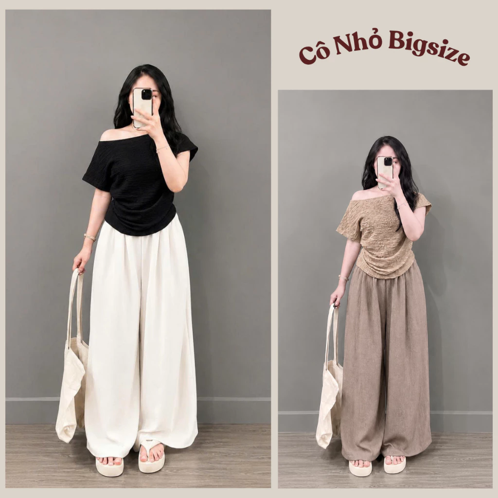 Set Bộ Bigsize Nữ Áo Lệch Vai Tay Ngắn MIX Quần Ống Rộng Tiểu Thư Cho Nàng Chuppy(50-95kg) A267+Q564