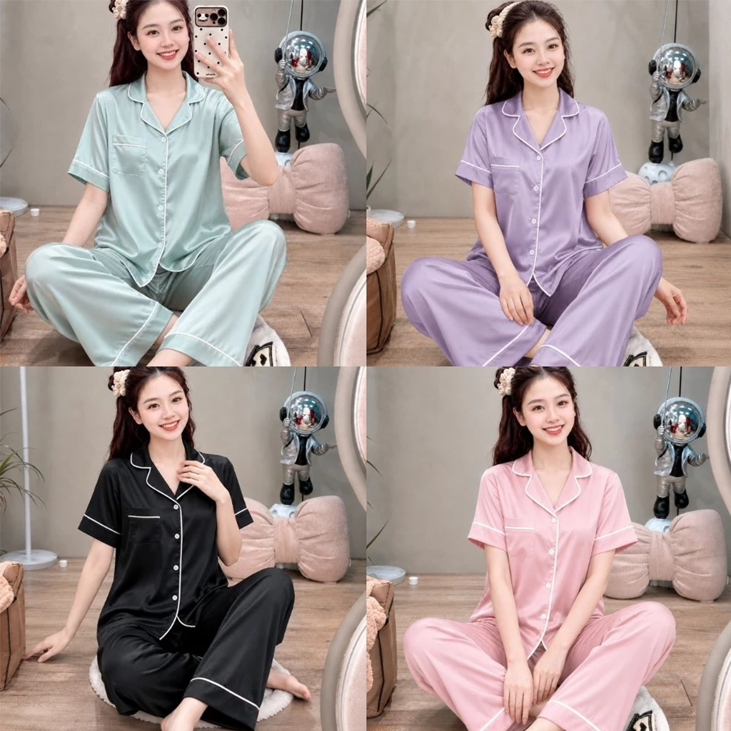 Bộ Ngủ Lụa Cộc Tay, Quần Dài Mềm Mại, Pijama Lụa ngọc trai Cao Cấp, mặc ở nhà thoải mái