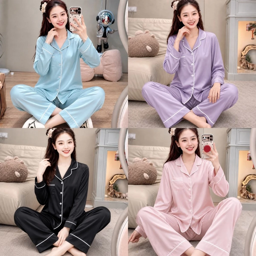 Bộ Ngủ Lụa Dài Tay, Quần Dài Mềm Mại, Pijama Lụa Cao Cấp, mặc ở nhà thoải mái