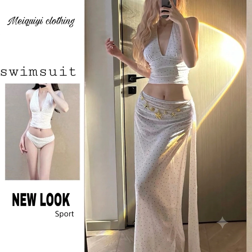 𝓜𝓮𝓲𝓺𝓾𝓲𝔂𝓲🍭Set ba món đi biển vải voan mỏng chấm bi với phong cách tiểu thư sang trọng kèm belt ngôi sao