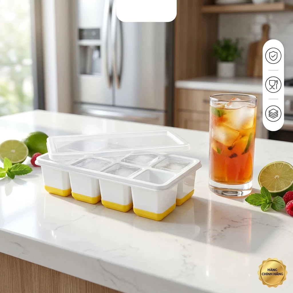 Khay làm đá nhựa - đáy silicon loại 8 ô to và 14 ô nhỏ, có nắp đậy kháng khuẩn chống mùi tủ lạnh