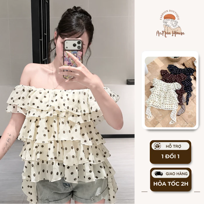 Áo trễ vai hoạt tiết chấm bi, áo kiểu voan tơ viền bèo nhiều tầng phong cách sang chảnh đi chơi đi cà phê