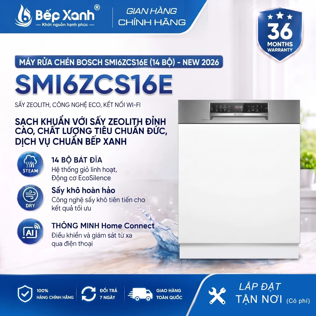 Tặng Chảo 2tr3 | Máy Rửa Bát Bán Âm Bosch Series 6 SMI6ZCS16E - Sấy Zeolith Siêu Khô, Rửa 14 Bộ, Tiết Kiệm Điện
