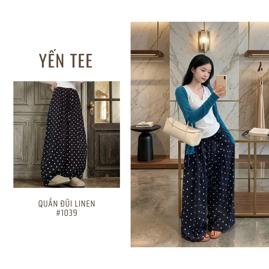 Quần Đũi Linen Nữ Ống Rộng Chấm Bi Cạp Chun Dáng Suông Dễ Phối Đồ #1039 Yến Tee