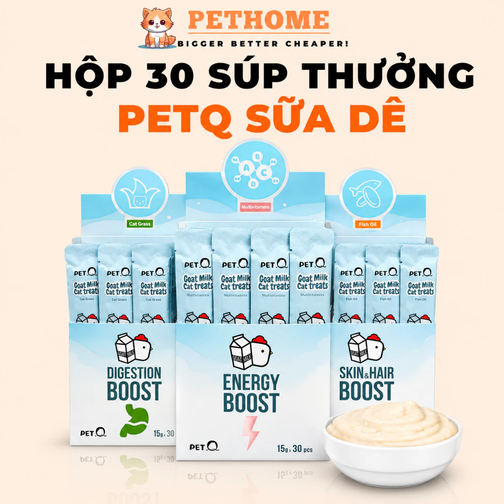 [Hộp 30 Thanh] Súp Thưởng Cho Mèo PetQ, Súp Thưởng Sữa Dê Bổ Sung Dinh Dưỡng, Vitamin Dầu Cá, Cỏ mèo