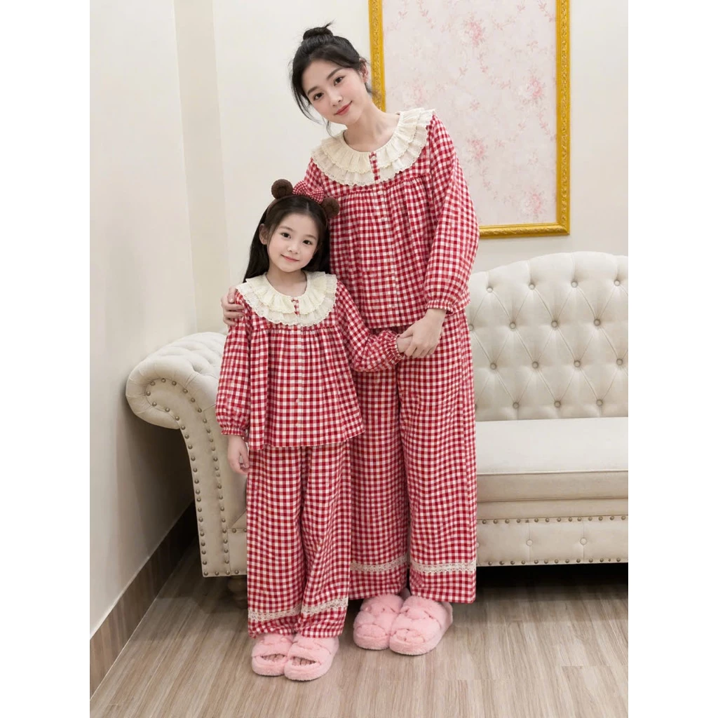 Bộ dài tay thu đông bé gái, pijiama dài tay mẹ bé chất đũi mềm mát MB12-26