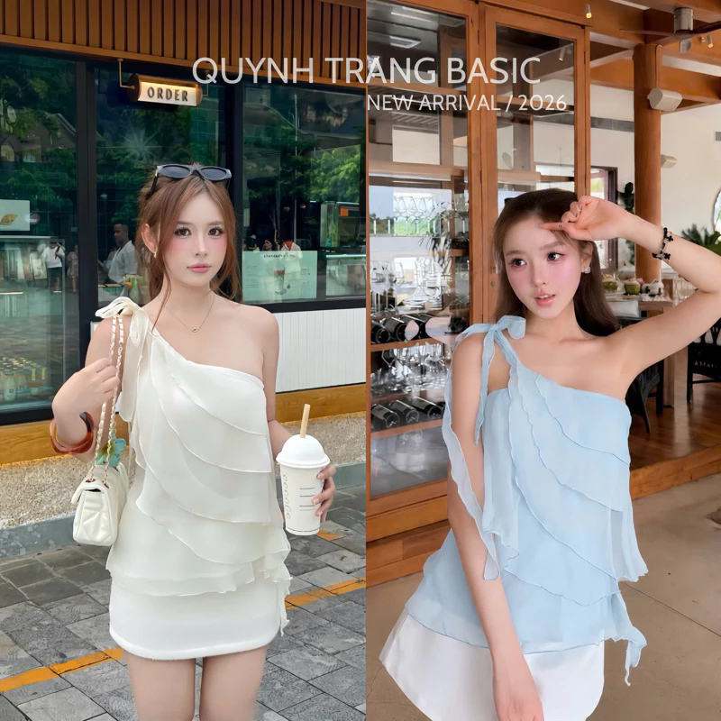 Pastel LAYER Top - Áo Voan Lệch Vai Nơ Buộc Bèo Tầng Form Xòe Tiểu Thư Thanh Lịch QuynhTrangBasic