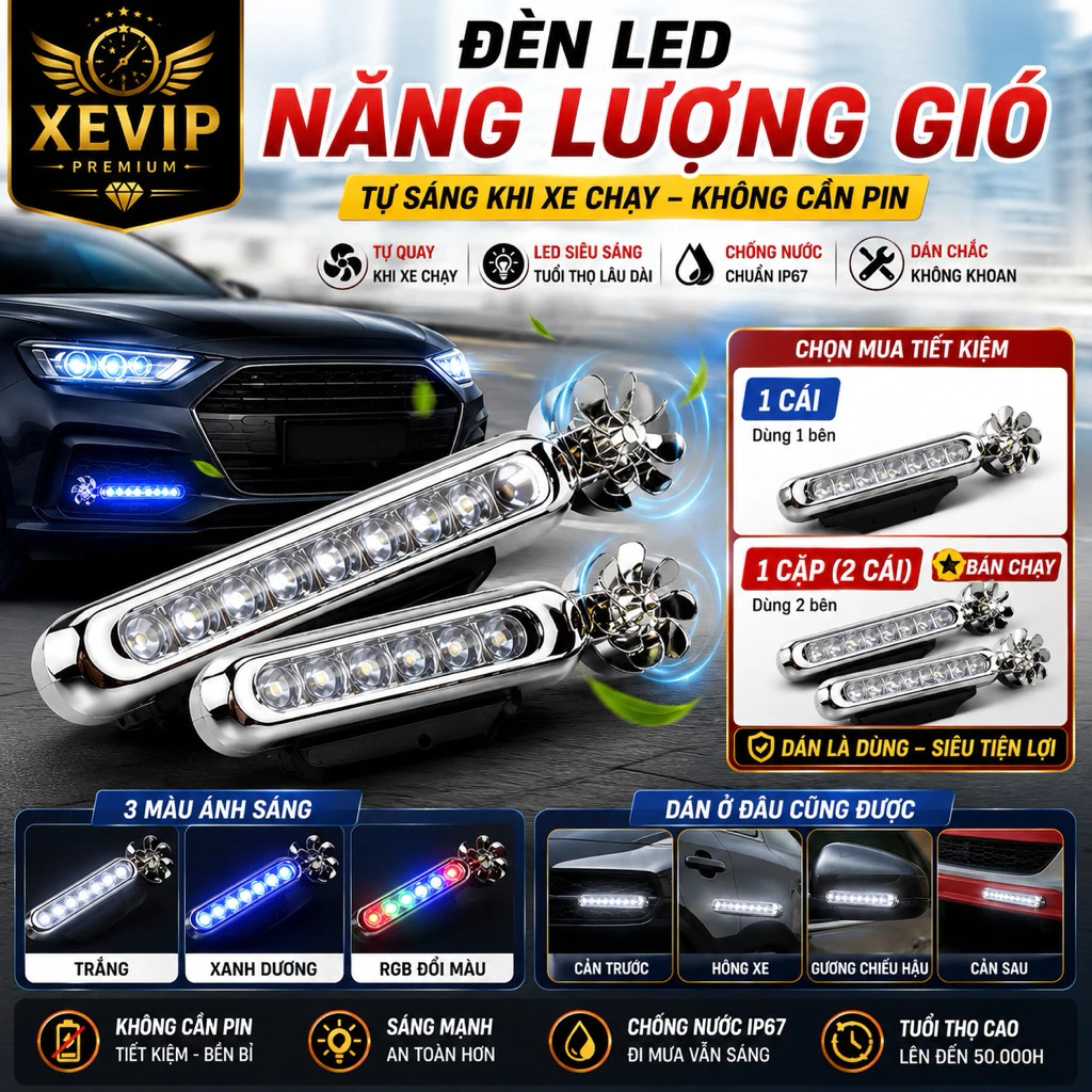Đèn LED Năng Lượng Gió Xevip | Tự Sáng Không Cần Pin | Đèn Trang Trí Ô Tô Xe Máy