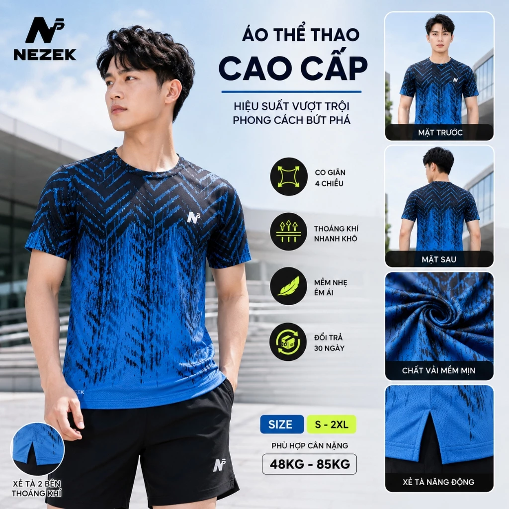 Áo Cầu Lông Nam Cổ Tròn Co Giãn 4 Chiều - Màu Xanh Dương Phối Đen - Hàng Chuẩn Xuất Khẩu | Nezek
