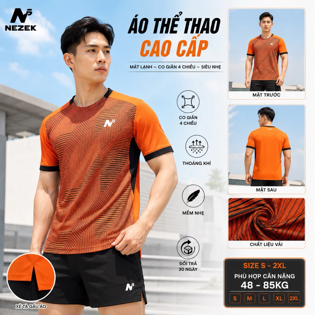 Áo Cầu Lông Siêu Co Giãn, Đi Tập Gym, Đánh Pickleball 48-88Kg - Màu Cam Kẻ CKC | Nezek