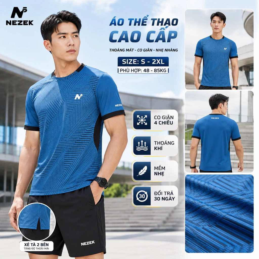Áo Thể Thao Nam Bigsize 48-88Kg, Áo Cầu Lông, Đi Gym, Chạy Bộ, Pickleball - Xanh Dương Kẻ | Nezek