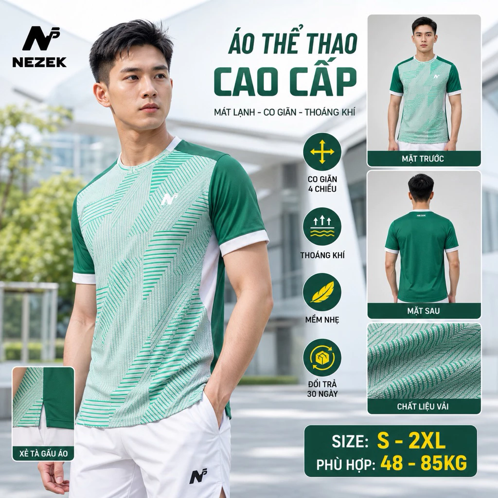 Áo Thể Thao Nam Cổ Tròn Dùng Đi Tập Gym, Chạy Bộ, Bóng Đá - Màu Xanh Lá Kẻ CKXL | Nezek