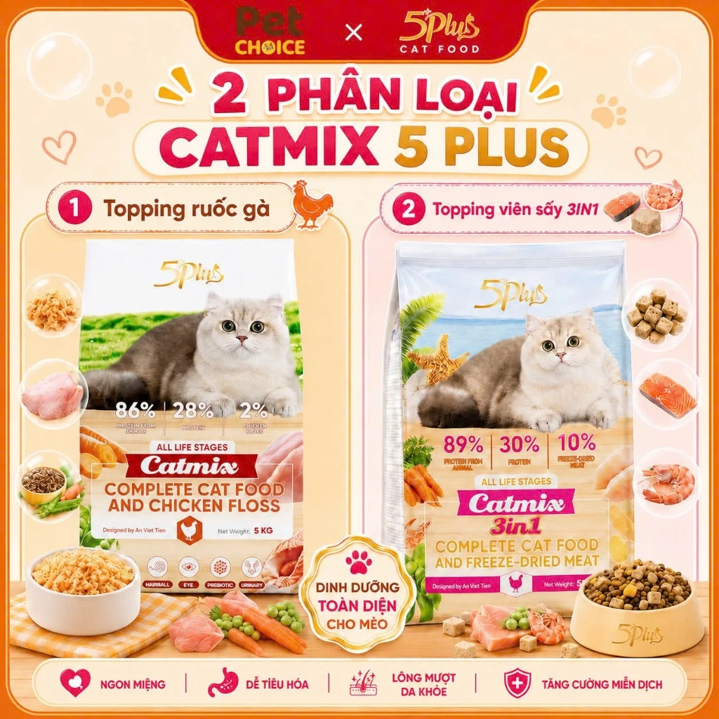 Thức ăn hạt cho mèo 5PLUS CATMIX mix topping ruốc gà, viên sấy 5kg