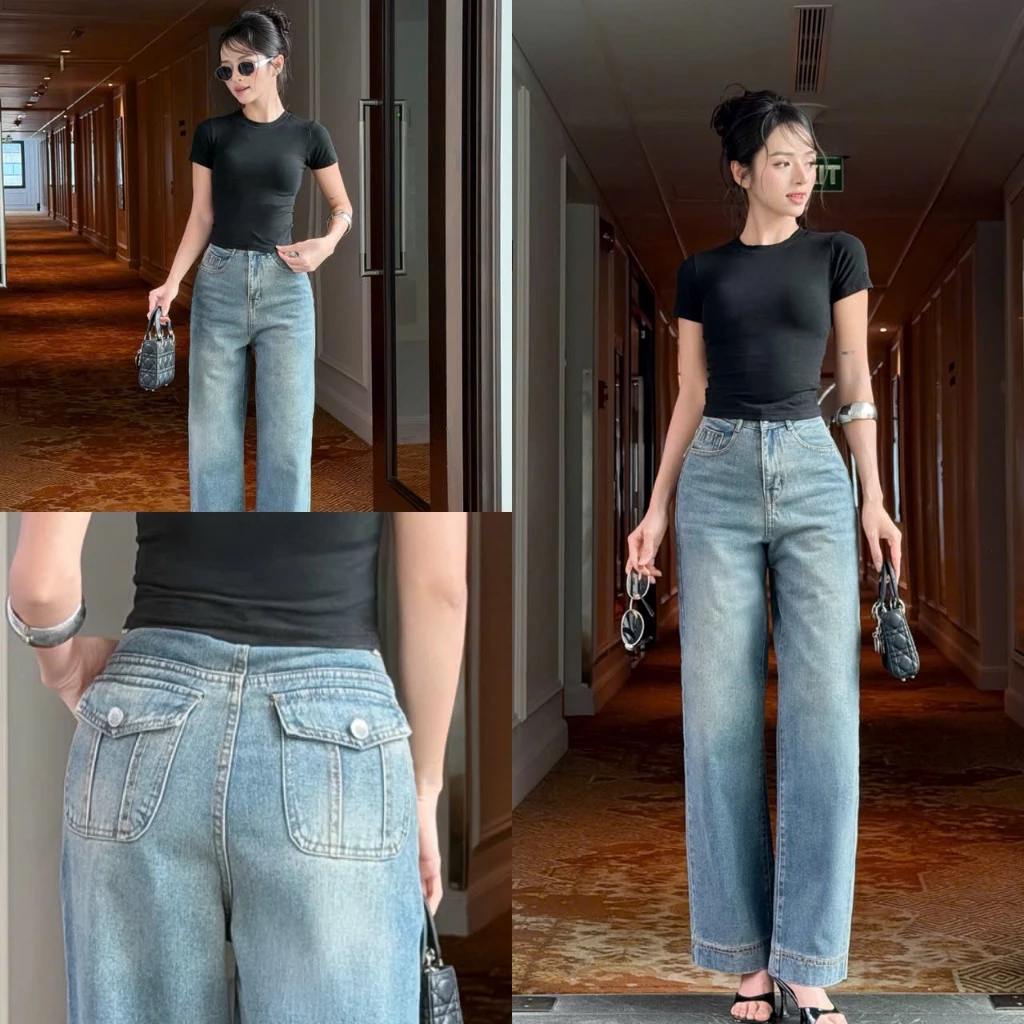 VIILY - Quần Nữ Jeans Ống Suông, Quần Bò Nữ Ống Rộng Cạp Cao, Quần Jeans Suông Phối Túi Nắp Kiểu Thời Trang MS 401