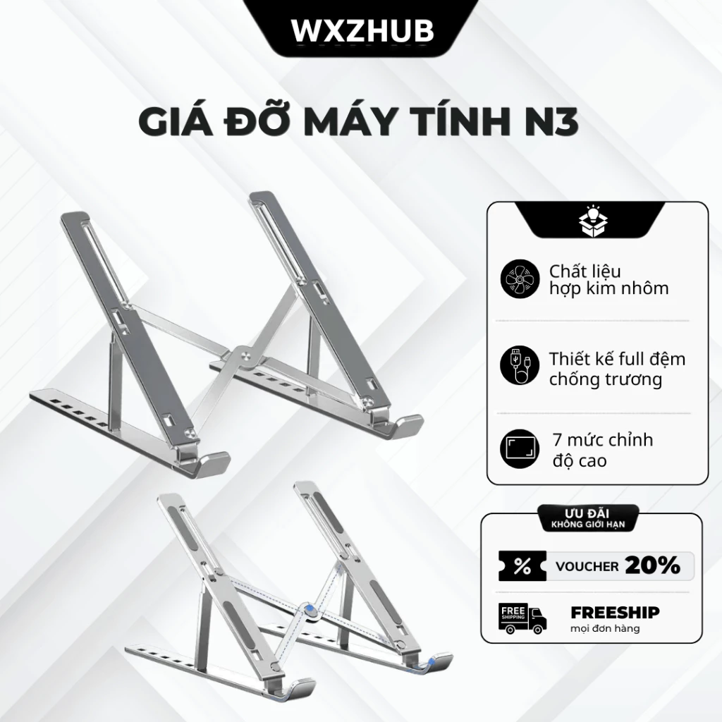 Giá Đỡ Laptop N3 7 Mức Độ Cao, Giá Đỡ Máy Tính  Chất Liệu Hợp Kim Nhôm, Gấp Gọn