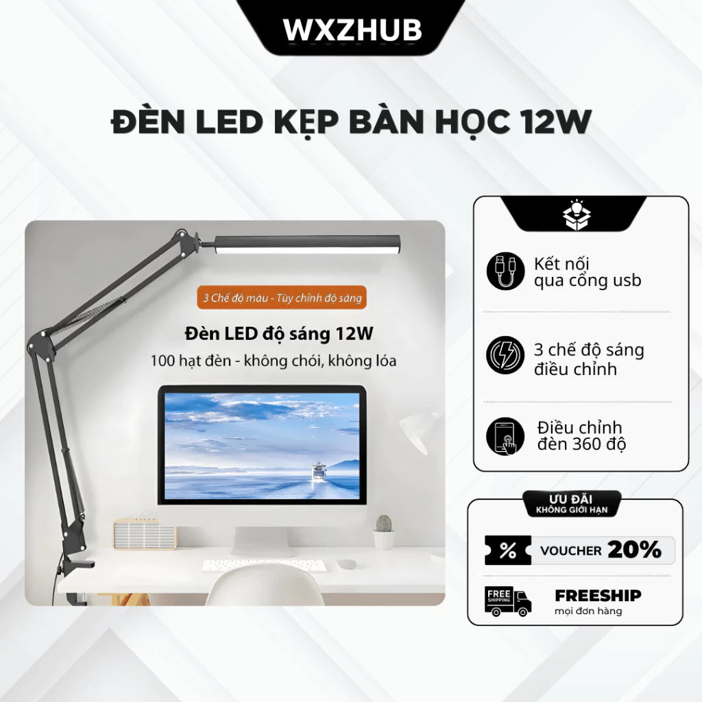 Đèn Học Kẹp Bàn Chống Cận LED Tùy Chỉnh Góc, Đèn Bàn Học Tiết Kiệm Điện Ánh Sáng Tự Nhiên