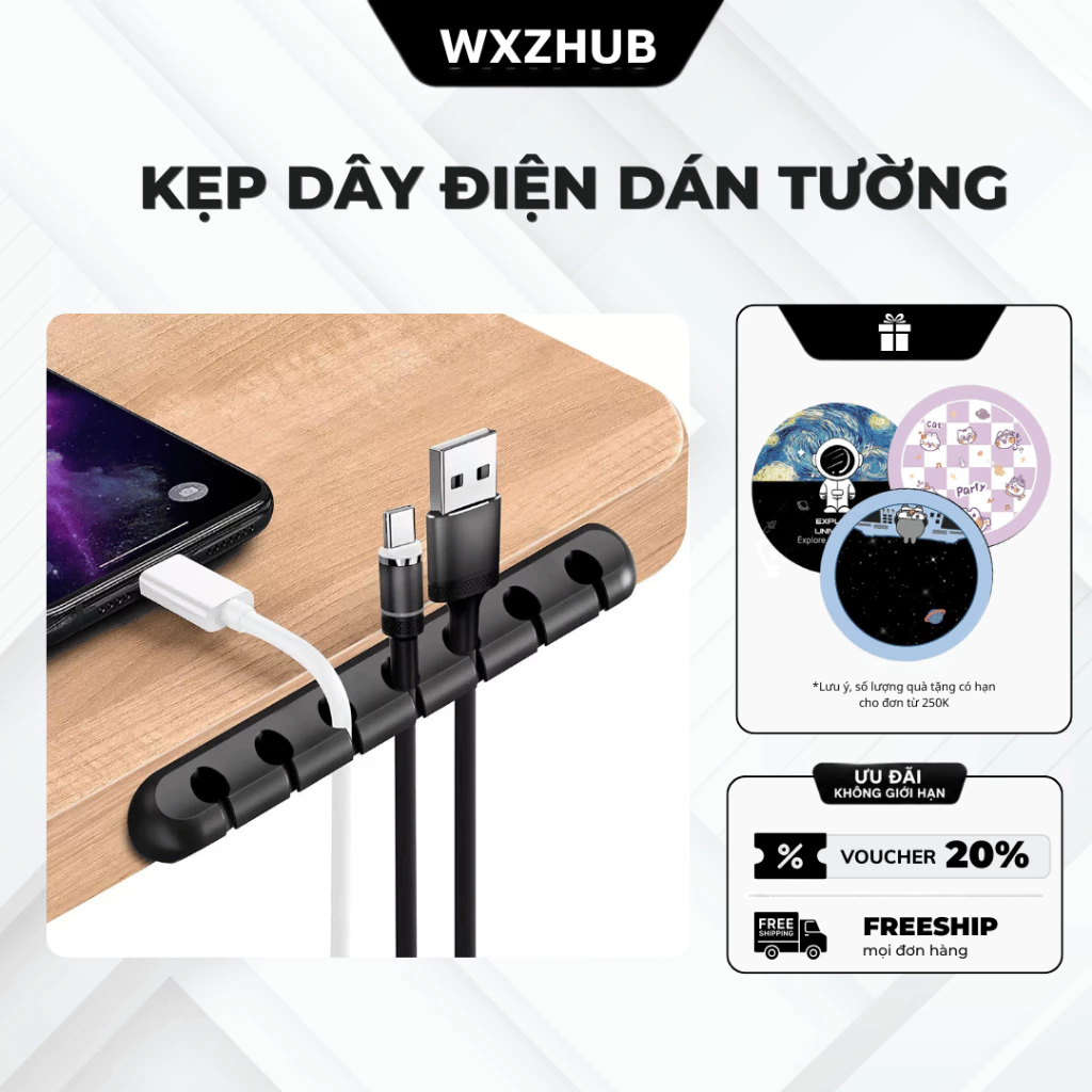 Kẹp Cố Định Dây Sạc Silicon, Kẹp Dây Điện Dán Tường, Bàn Học Cực Kỳ Tiện Lợi, Gọn Gàng