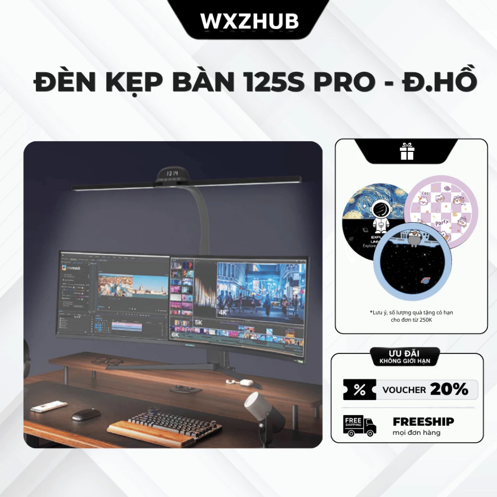 Đèn Bàn LED Kẹp Bàn 90cm, Đèn Học Chống Cận Phủ Sáng Rộng, 5 Chế Độ Ánh Sáng, Kèm Đồng Hồ