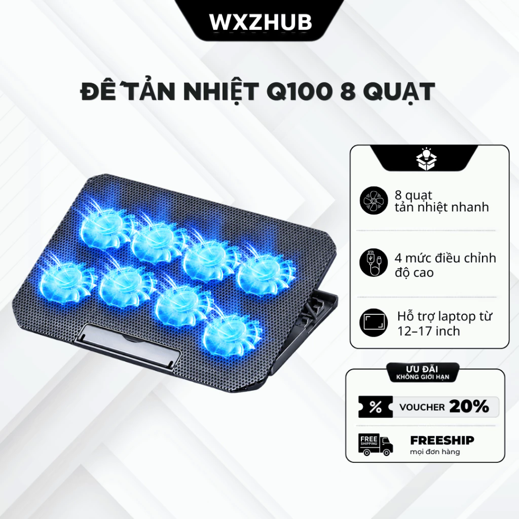 Đế Tản Nhiệt Laptop Q100 8 Quạt Lớn, Giá Đỡ Laptop 4 Tùy Chỉnh Độ Cao, Hỗ Trợ Laptop 12-17 Inch
