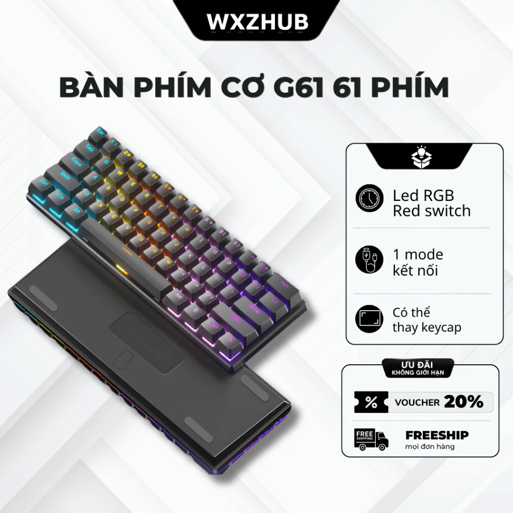 Bàn Phím Cơ GK61 61 Phím Red Switch, Led RGB, Kết Nối Dây Ổn Định