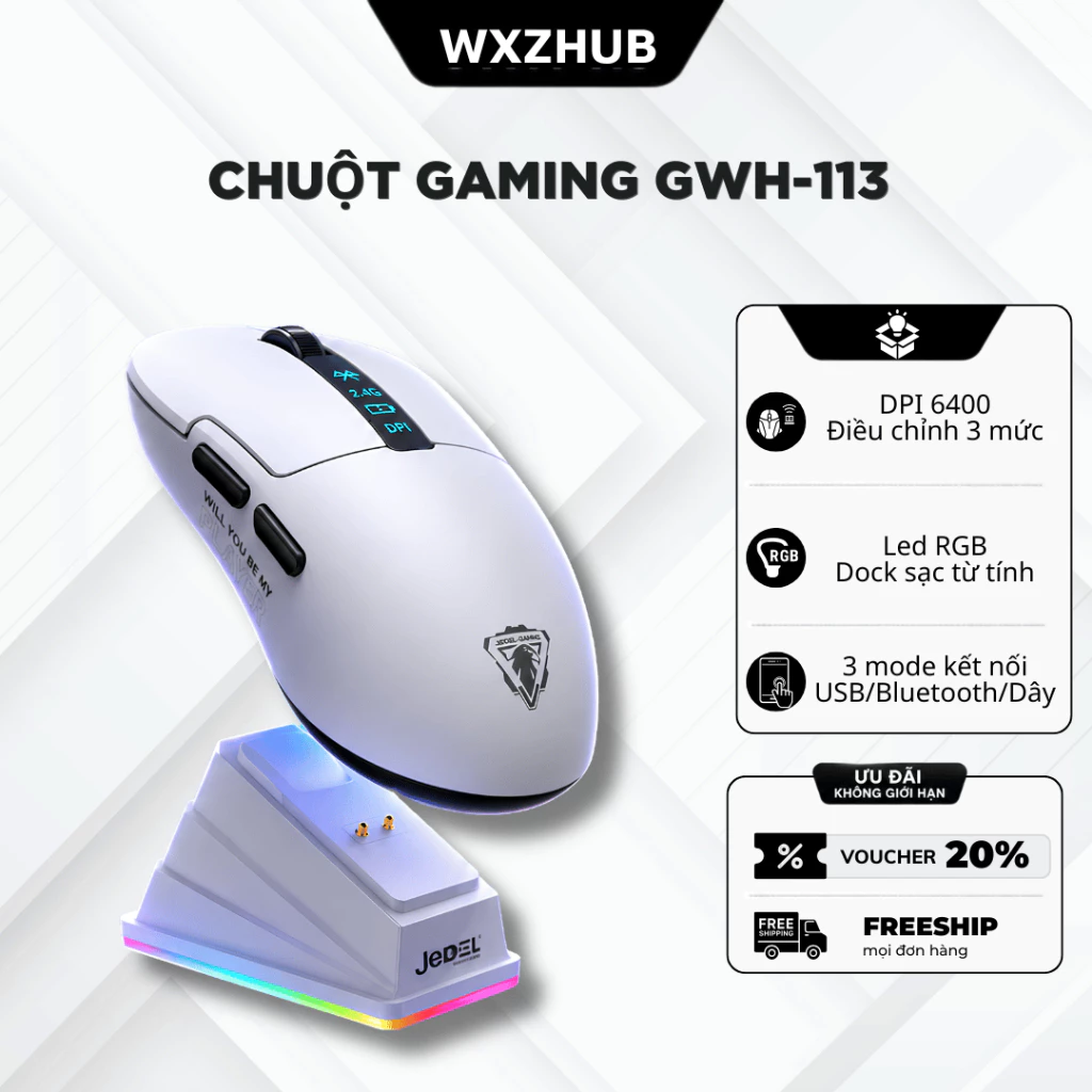 Chuột Gaming JEDEL GWH-113 3 Mode Bluetooth/2.4G/Wired - PAW3395 6400 DPI, Dock Sạc RGB