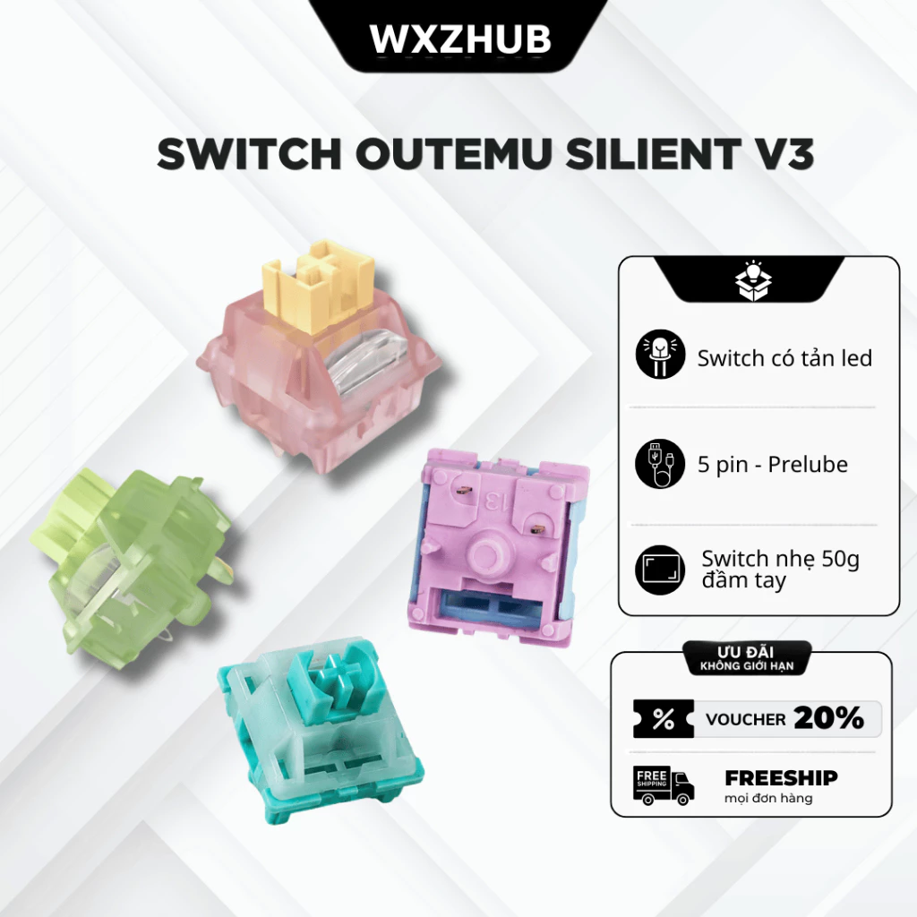 Switch Outemu Silent Peach Lime V3 5 Pin, Công Tắc Bàn Phím Cơ Yên Tĩnh, Hỗ Trợ Xuyên Led