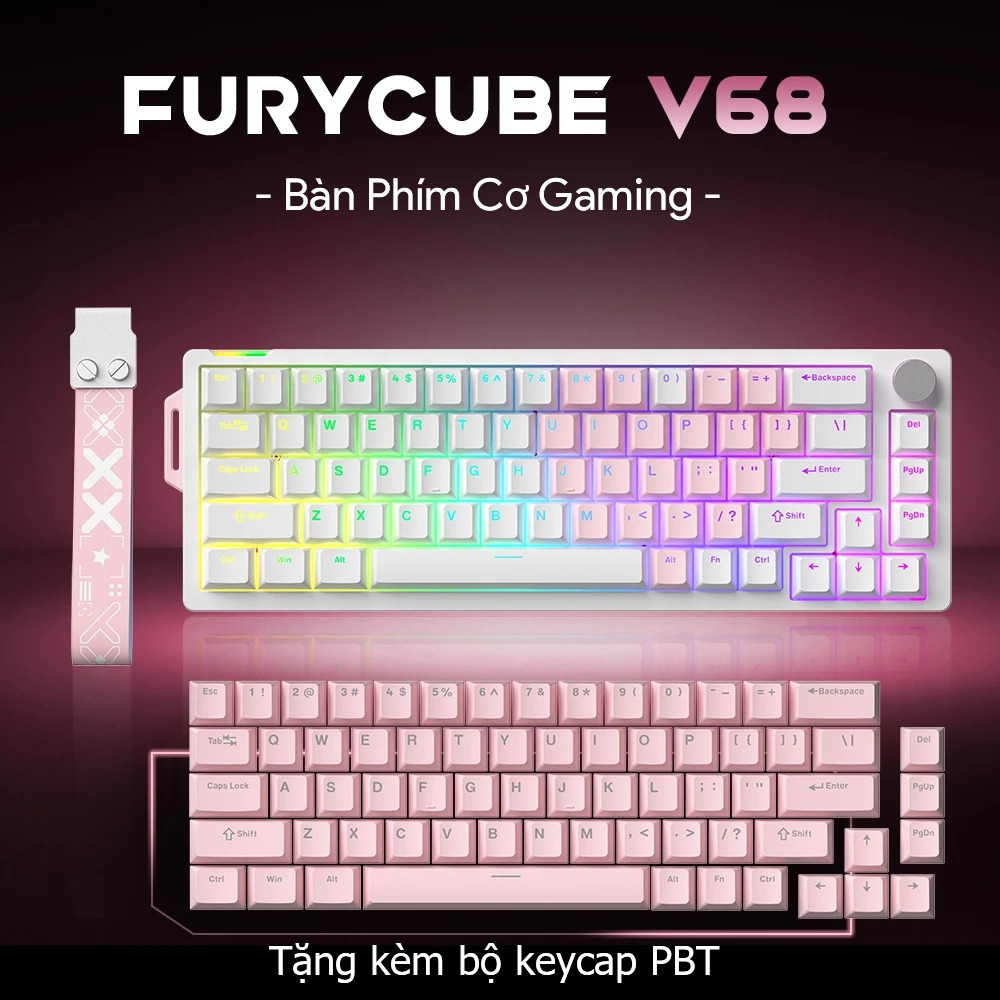 Bàn Phím Cơ Gaming FURYCUBE V68 68 Phím, RGB Hotswap, Tặng Keycaps DIY, NKRO, Polling Rate 1000Hz