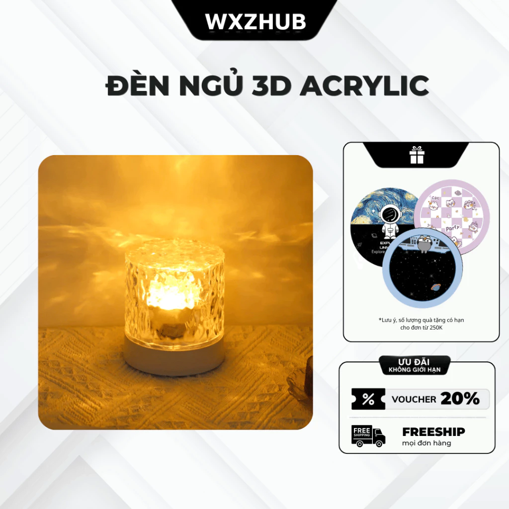 Đèn Ngủ 3D Gợn Nước Acrylic Trong Suốt, Trang Trí Không Gian, Decor Bàn Làm Việc Hiện Đại