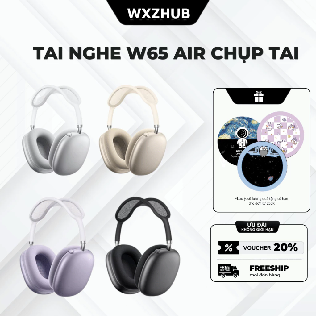 Tai Nghe W65 Air Chụp Tai Không Dây Bluetooth, Hỗ Trợ Thẻ Nhớ, Dùng Có Dây, Pin Trâu, Đeo Êm