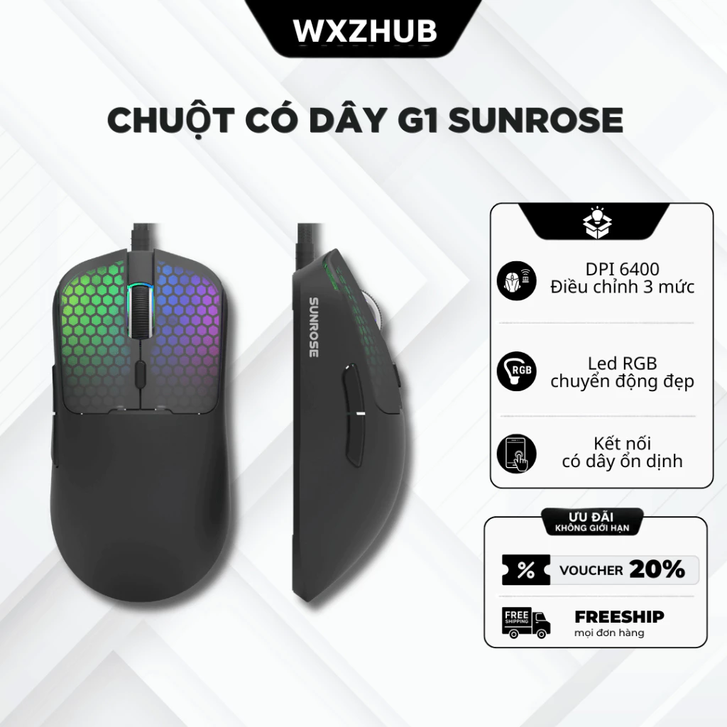 Chuột Gaming SUNROSE G1 Có Dây USB, LED RGB 12 Chế Độ, DPI 1200–7200, 6 Nút, Hỗ Trợ App Macro