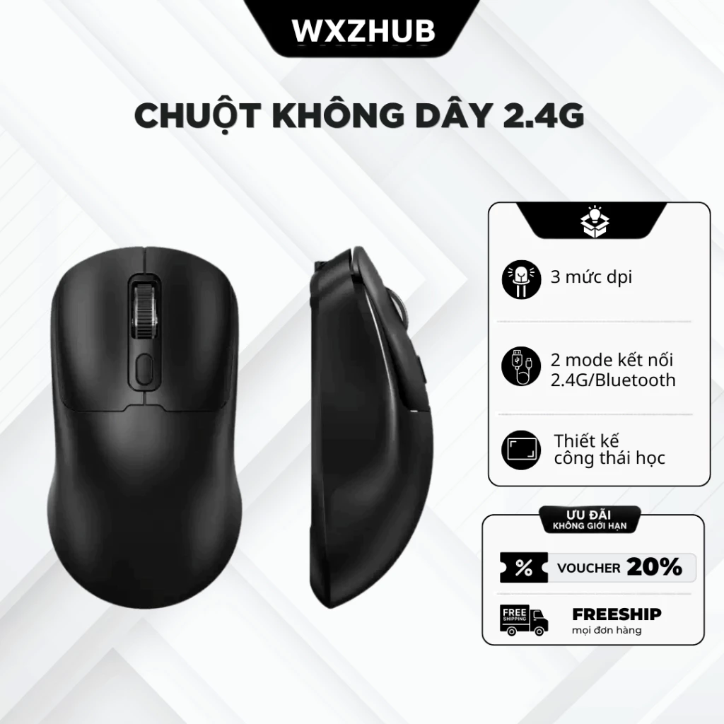 Chuột Máy Tính Không Dây 2 Mode Kết Nối Bluetooth và Wireless 2.4G, Chuột Gaming 3 Mức Điều Chỉnh