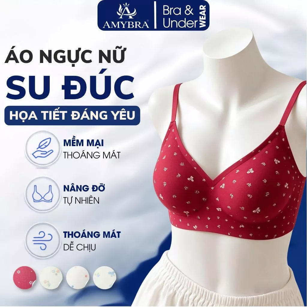 Áo Ngực Su Đúc Hoa Nhí Không Gọng AMYBRA A974 Áo Lót Nữ Cổ Chữ V Tạo Khe Mút Đệm 1CM Ôm Gọn Vòng 1
