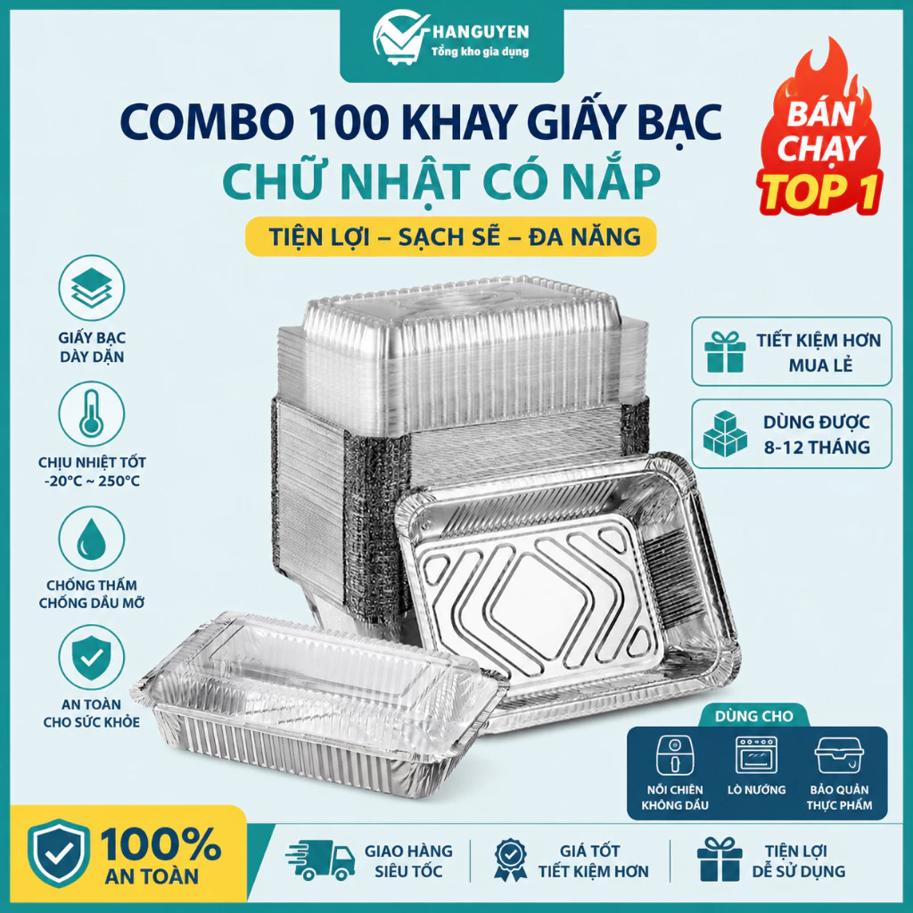 Combo 100 khay giấy bạc chữ nhật có nắp nhựa, đựng thực phẩm nóng lạnh và mang đi tiện lợi