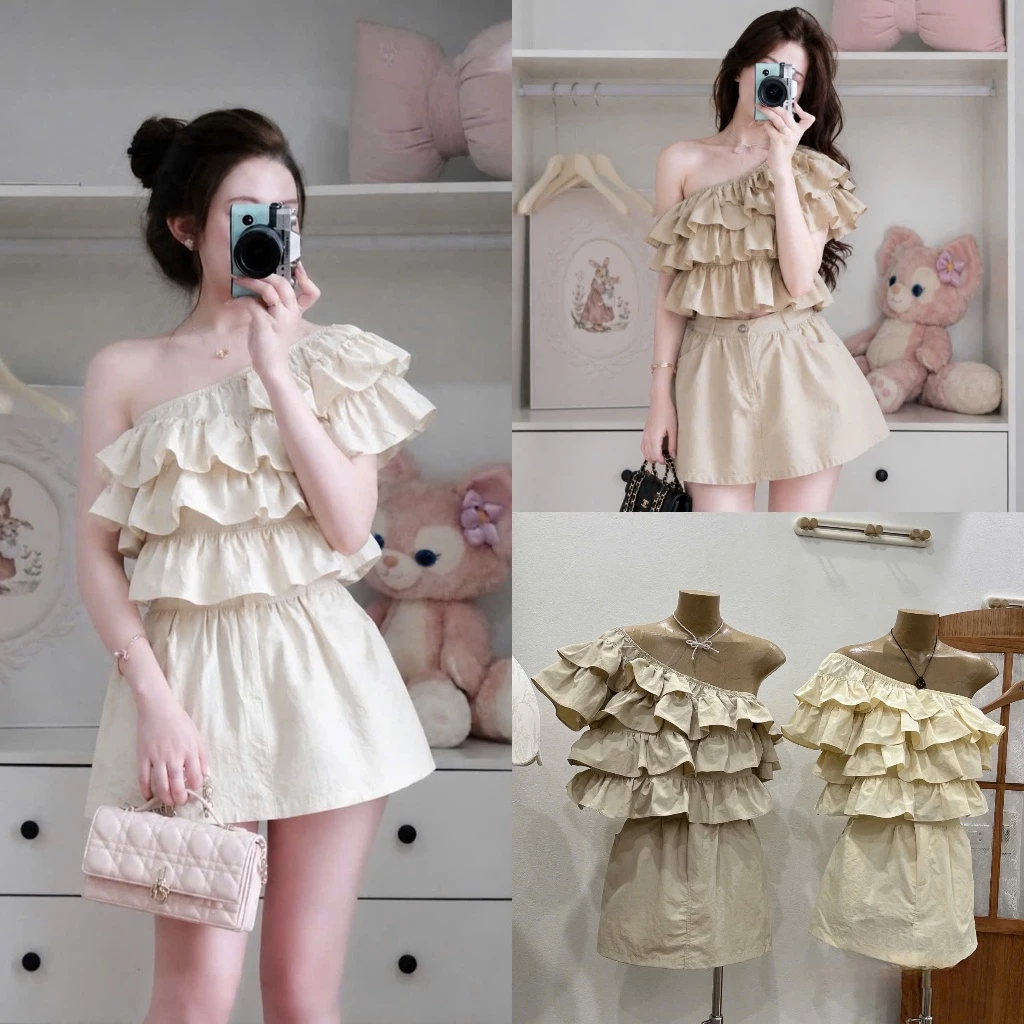 (Set 2 Món): Áo Croptop Bèo Tầng Lệch Vai Phối Quần Váy Dáng A 3 Màu Nhã Nhặn Vibe Quý Cô-Ảnh Thật Lollaye