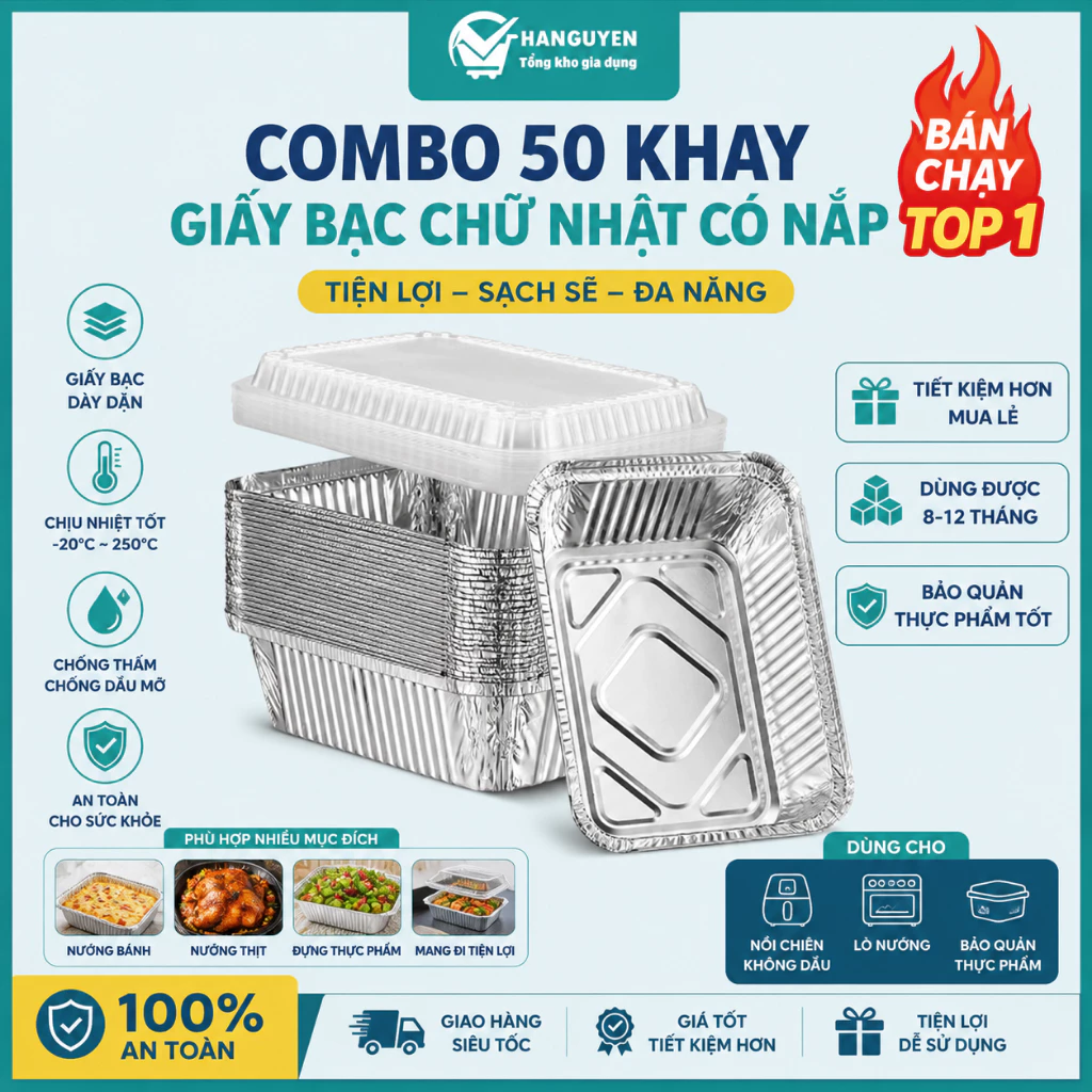 Combo 50 khay giấy bạc chữ nhật có nắp nhựa, đựng thực phẩm nóng lạnh và mang đi tiện lợi