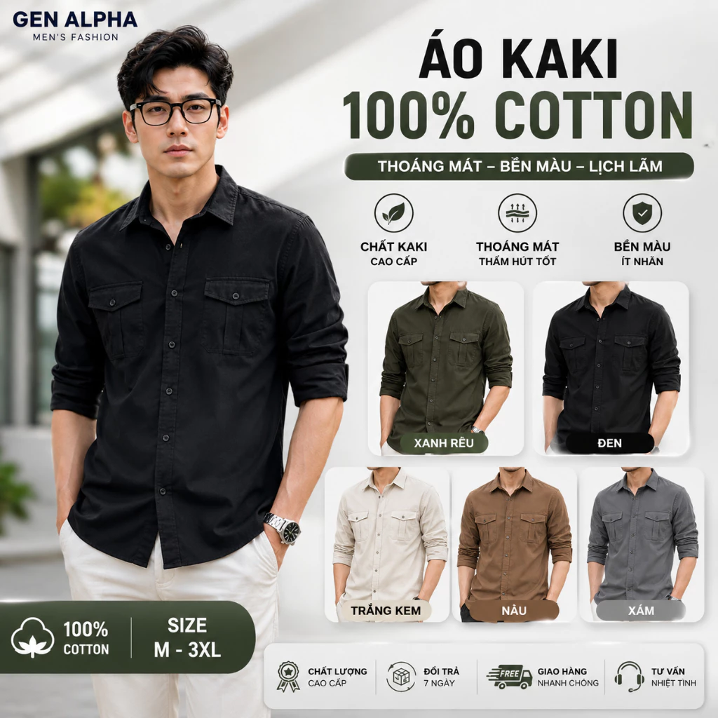Áo Sơ Mi Nam Tay Dài Kaki GEN ALPHA - Áo Sơ Mi Kaki 2 Túi Hộp Form Rộng Cao Cấp GEN911