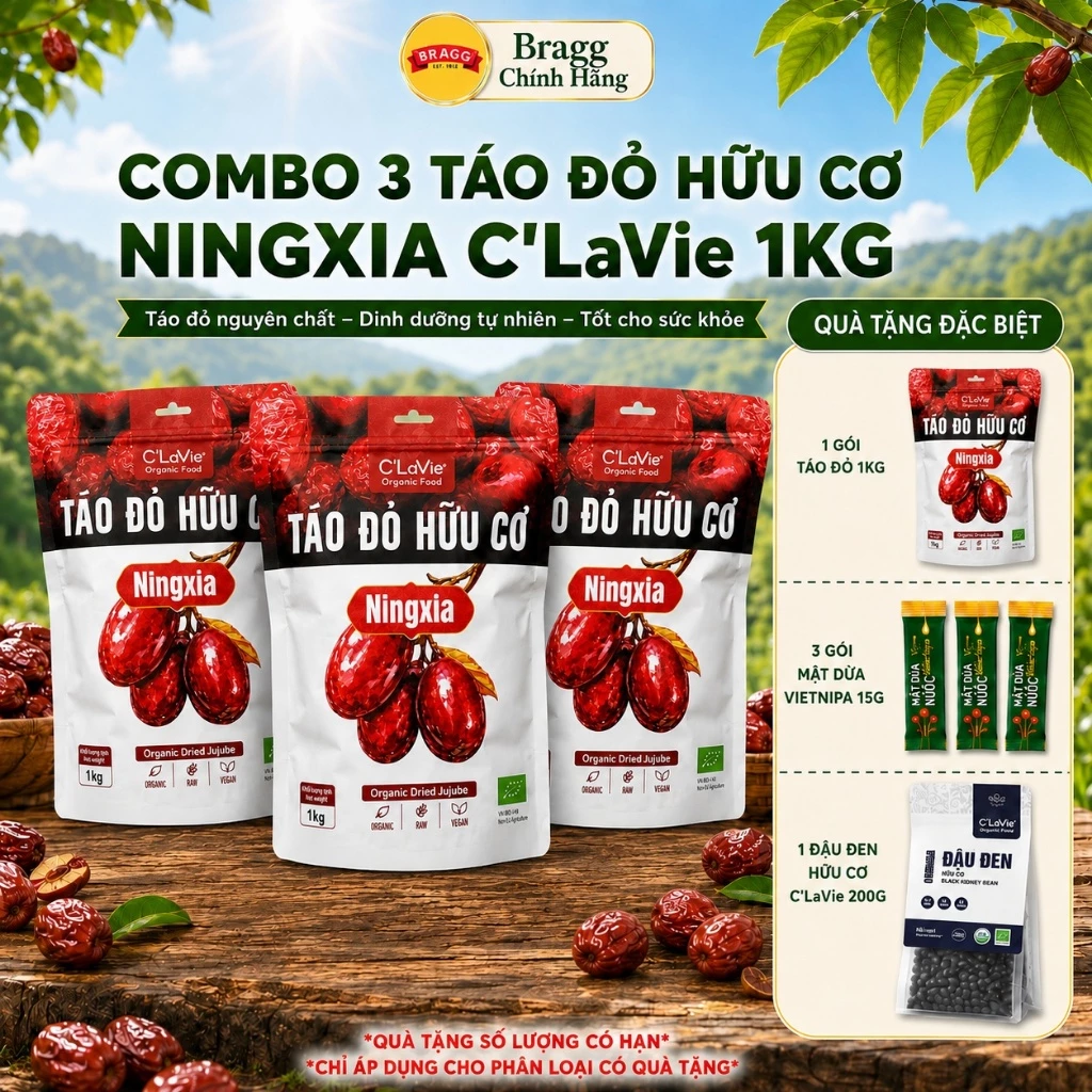 [COMBO 3 BỊCH] Táo Đỏ Hữu Cơ Ningxia C'LaVie 1KG – Táo Dẻo Thịt Dày, Ngọt Thanh Tự Nhiên, Ăn Liền Pha Trà Nấu Chè