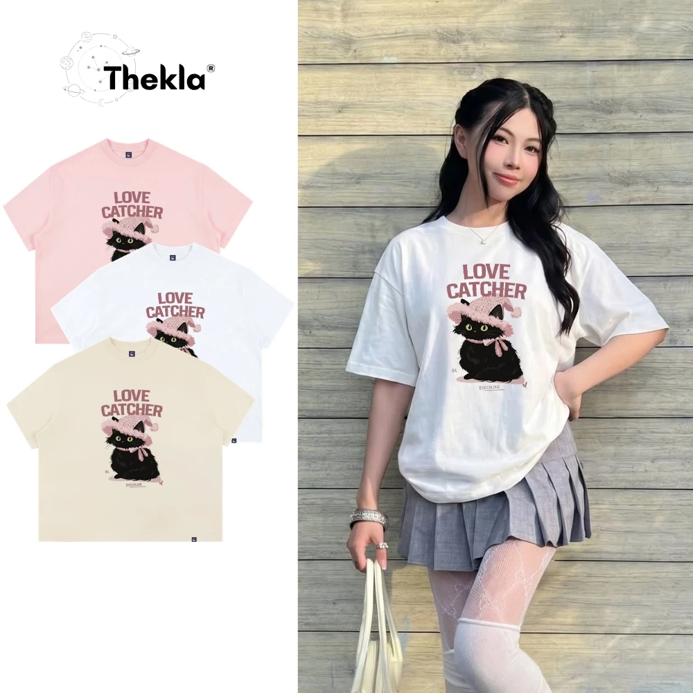 Áo Thun Form Boxy BST55 Mèo Love Catcher THEKLA - Áo Phông Cotton 2 Chiều Dày Dặn Đứng Form