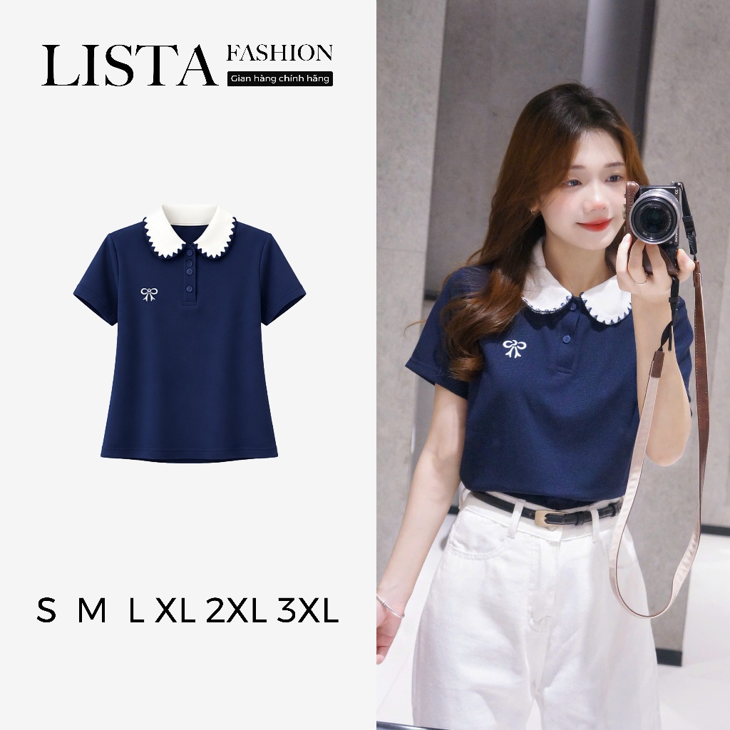 Lista Áo Polo Nữ Thêu Nơ cổ phối điệu đà - Cotton tổ ong sang trọng thanh lịch…