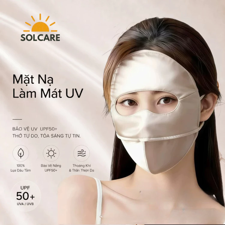 SOLCARE Mặt Nạ Chống Nắng Toàn Mặt Lụa Tơ Tằm Mulberry 100% UPF50+ Đi Xe Máy Làm Mát  UV Cooling Face Cover